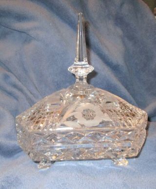 Ornate Vintage Lead Crystal Triangle Footed Covered Candy Dish