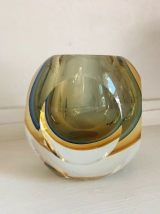 Vintage Murano Sommerso 3 Color Faceted Glass Geode Vase 4 Windows 4.  5” High