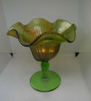 Vintage Northwood Green Carnival Glass Smooth Rays Compote