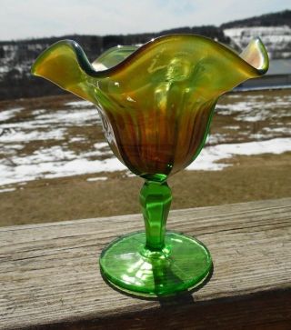 Vintage Northwood Green Carnival Glass SMOOTH RAYS Compote 3