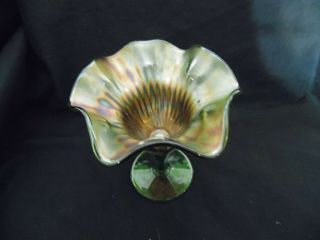 Vintage Northwood Green Carnival Glass SMOOTH RAYS Compote 7