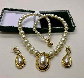 Vintage Jewellery Signed Napier Faux Pearl Necklace & Earrings
