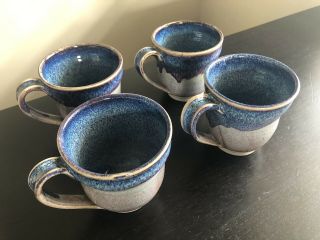 Vtg H&h Pottery Signed Set Of 4 Coffee Mugs Drip Blue Flambé Glaze Cups Arts Nr