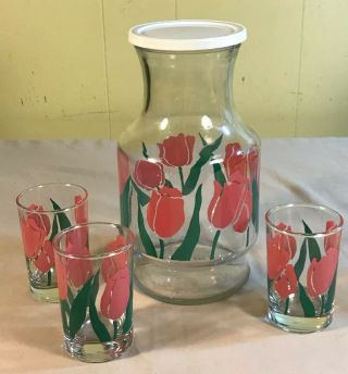 Vintage Set Anchor Hocking Pink Tulip Juice Carafe Drinking Glasses Set Of 3