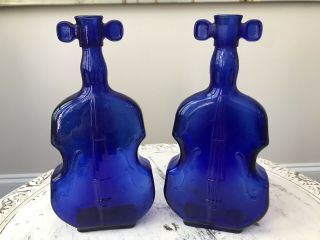 Pair Set Of 2 Vintage Cobalt Glass Violins Fiddle Cello Vases Bottles