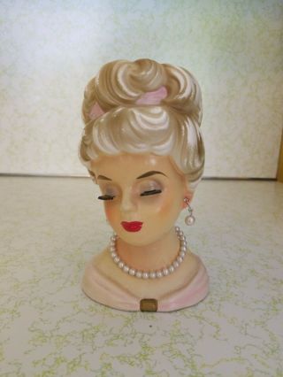Vintage Lady Head Vase,  Rubens Originals,  Pearls,  Eyelashes,  Tan Updo.