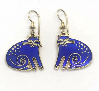 Vintage Laurel Burch Keshire Cat Blue Enamel Dangle Earrings Signed Pierced Ear