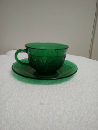 Vintage Anchor Hocking Sandwich Glass Forest Green Teacup And Saucer