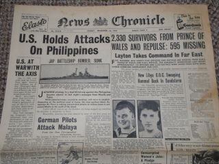 Dec 1941 Wartime News Chronicle Newspaper U.  S.  Holds Attacks On Philippines Cover