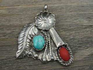 Vtg Navajo Signed H.  S.  Sterling Silver Turquoise & Coral Squash Blossom Pendant