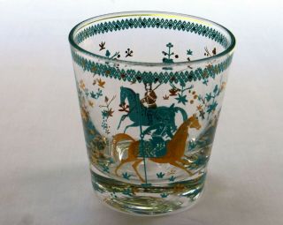 Vintage Mcm Cera Persians Teal/turquoise 22k Gold Lowball Bar Glass Horses Polo