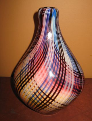 Cased Art Glass Vase Mid Century Modern Vintage Swirl Stripe Red White Blue