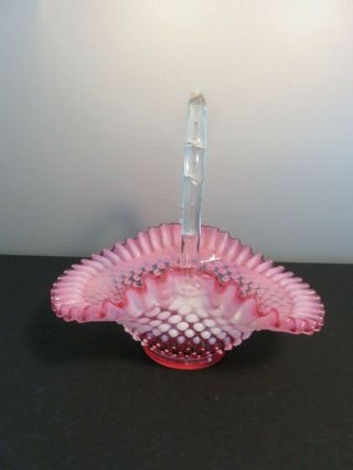 Vintage Fenton Cranberry Opalescent Glass Hobnail Basket Large 10 "