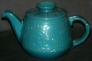 Vintage Frankoma Pottery 7t Teal Green Aztec Mayan Design Teapot