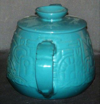Vintage Frankoma Pottery 7T Teal Green Aztec Mayan Design Teapot 2