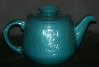 Vintage Frankoma Pottery 7T Teal Green Aztec Mayan Design Teapot 3