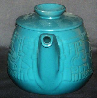 Vintage Frankoma Pottery 7T Teal Green Aztec Mayan Design Teapot 4