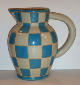Vintage Stoneware Art Pottery Pitcher Incised Blue & Gray Checkers Signed