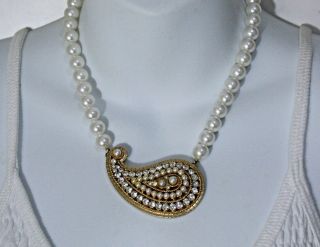 Vintage Signed Craft Faux Pearls Gold Tone Metal Necklace Choker 16.  5 "