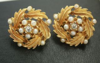 Vintage Cathe Signed Faux Pearls Rhinestones Gold Tone Earrings Clip - On