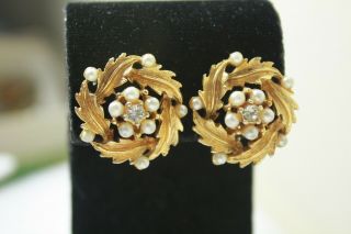 Vintage CATHE Signed Faux Pearls Rhinestones Gold Tone Earrings Clip - on 2