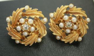 Vintage CATHE Signed Faux Pearls Rhinestones Gold Tone Earrings Clip - on 3