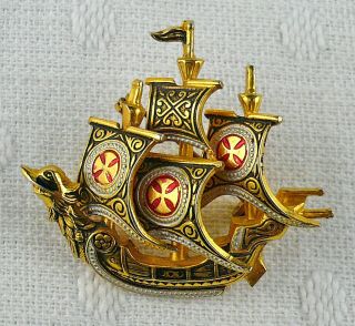 Vintage Damascene Spanish Galleon Sailing Ship Brooch Pin Marked Spain