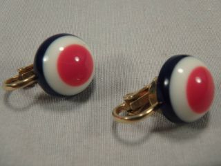 Vintage Chunky Red White Blue Button Clipon Earrings Plastic Acrylic Mod 60s 70s