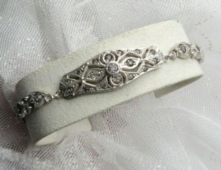 Dainty Art Deco Vintage Sterling Silver Crystal Stones Panel Links Bracelet Gcco