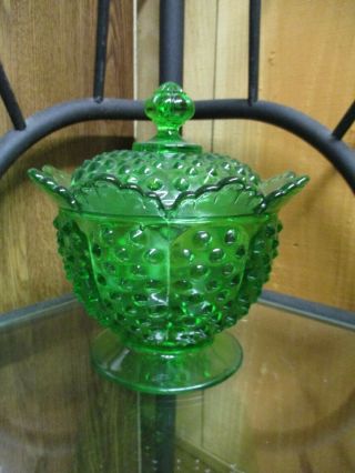 Vintage Fenton Green Hobnail Covered Footed Candy Dish/lid Scalloped Edge
