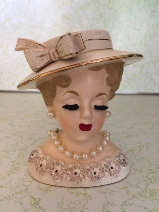 Vintage Lady Head Vase.  500x.  Tan Hair,  Pearls,  White Attire With Gold Detail