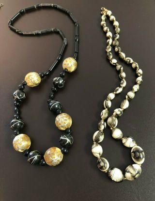 Vintage Bead Necklaces Silk Gold Floral Beads Black White Beads 2 Necklaces