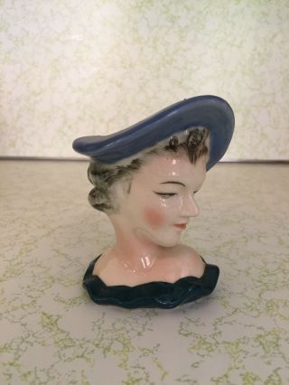 Vintage Lady Head Vase Made In Japan.  Small.  Green/brown Hair,  Blue Hat.