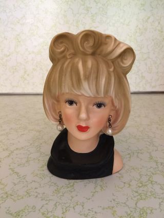 Vintage Lady Head Vase.  Enesco Imports Japan.  Blonde Hair,  Pearls,  Black Shirt.