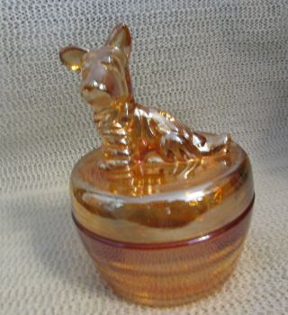 Vintage Glass Powder Dresser Jar Box.  " Scottie Dog " Trinket Marigold Carnival