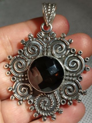 2 1/8 " Vtg Sterling Ati Mexico Faceted Black Onyx Necklace Pendant Swirly Design