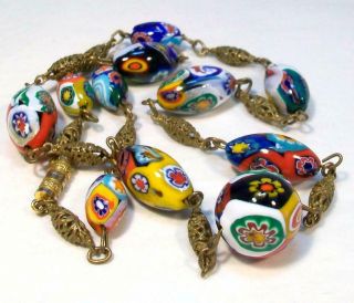 Vintage Murano Millefiori Art Glass Floral Bead Italy Necklace - Colorful