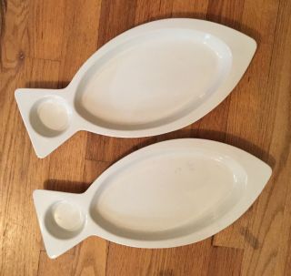 2 Vintage Hall Pottery Fish Platter Modern White Serving Tray Nautical Beach