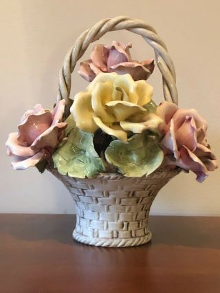 Vintage Estate Italian Capodimonte Large Floral Woven Basket Red Yellow Roses