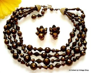 Vintage Hattie Carnegie 4 Strand Glass Necklace Earring Set Arum Beads Gold Tone