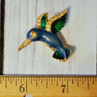 Vintage Blue Green Enamel Rhinestone Bird Brooch Pin Gold Tone
