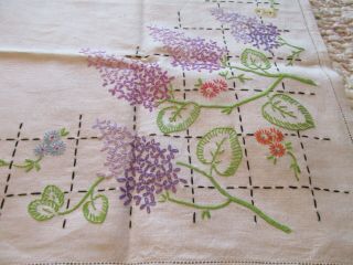Vintage Hand Embroidered Linen Tablecloth - Lilac Blossom