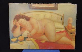 Vtg Canvas Painting Of Naked Fat Lady/ Woman On The Bed / Fernando Botero Style