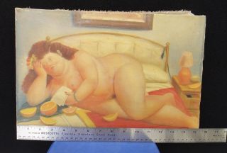 VTG Canvas Painting Of Naked Fat Lady/ Woman On The Bed / Fernando Botero Style 2