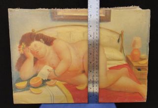 VTG Canvas Painting Of Naked Fat Lady/ Woman On The Bed / Fernando Botero Style 3