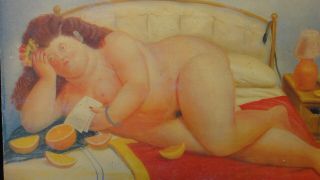VTG Canvas Painting Of Naked Fat Lady/ Woman On The Bed / Fernando Botero Style 5