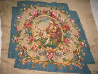 French Floral W/figure W/petit Point Vintage Chair Seat Finished Needlepoint
