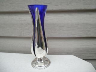 Vintage Cobalt Blue Glass And Silverplate Tulip Shaped Bud Vase