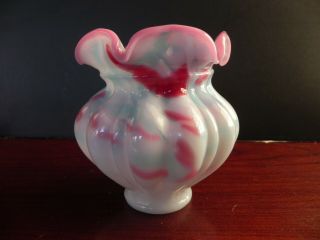 Vintage Fenton Vase Pink Blue White Swirl 5 " X 4.  75 Fluted Top