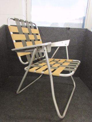 Vintage Retro Aluminum Folding Webbed Lawn Chair,  Aluminum Arms,  Brown / Tan